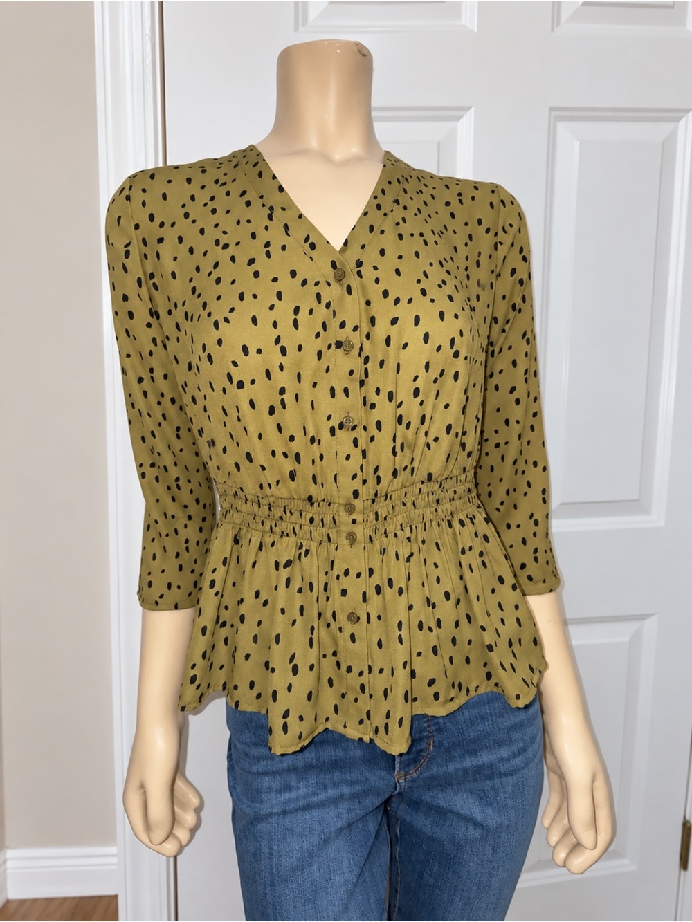 Banana Republic Olive Black Spotted Peplum Blouse XS Button Front